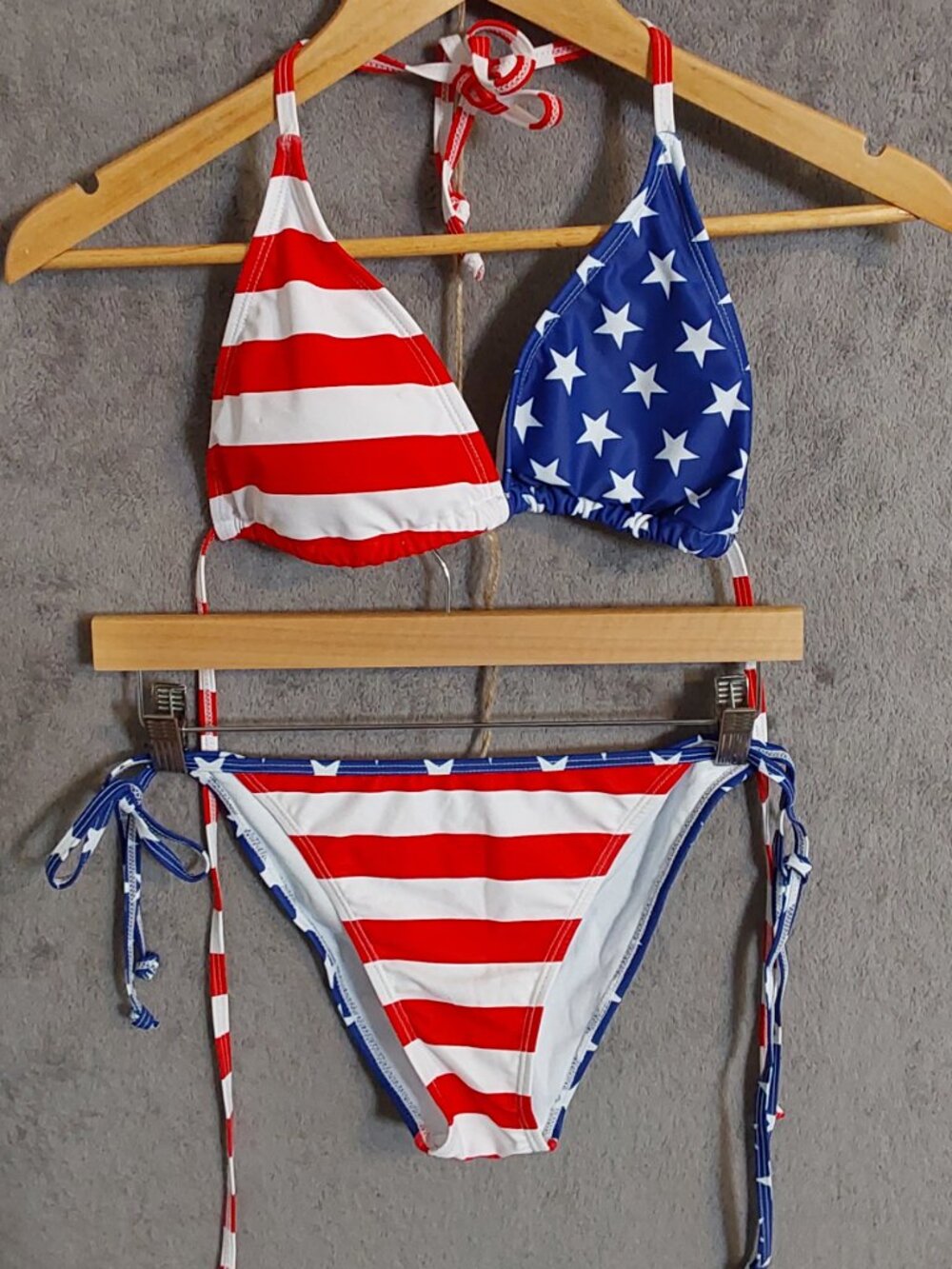 American Flag Bikini Set Medium Red White Blue Triangle Tie Side Halter Patrioti